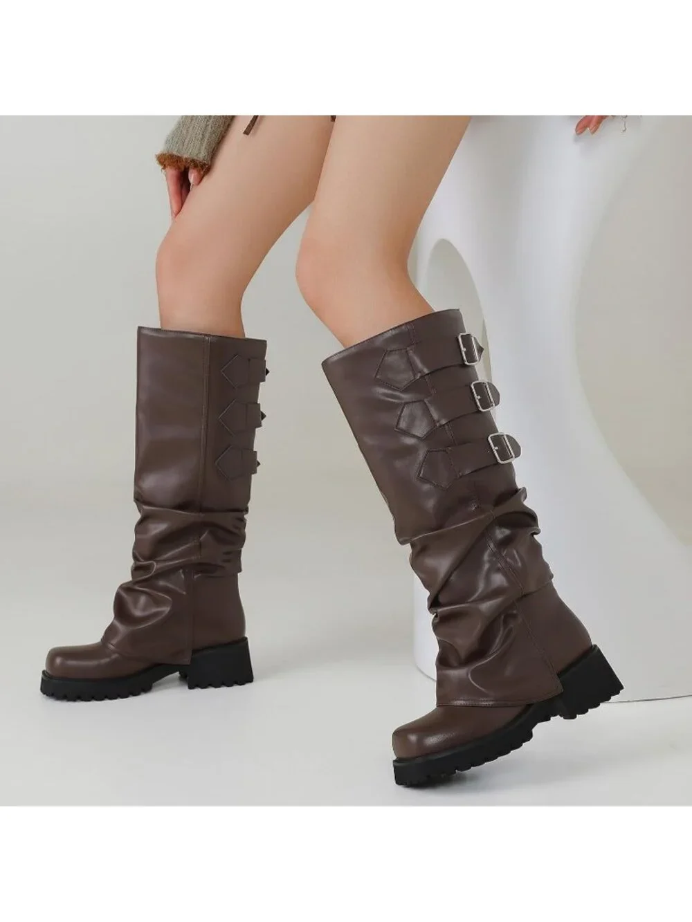 Women's Dark Brown Block Heeled Square Toe Fold Over Knee High Moto Riding Boots